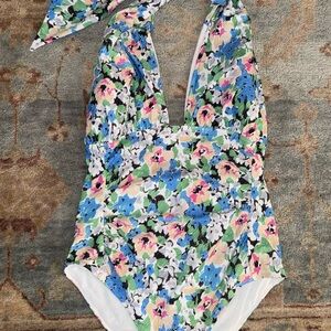 Ganni Kids Floral Halter One-Piece Swimsuit — Blue, Pink, Green